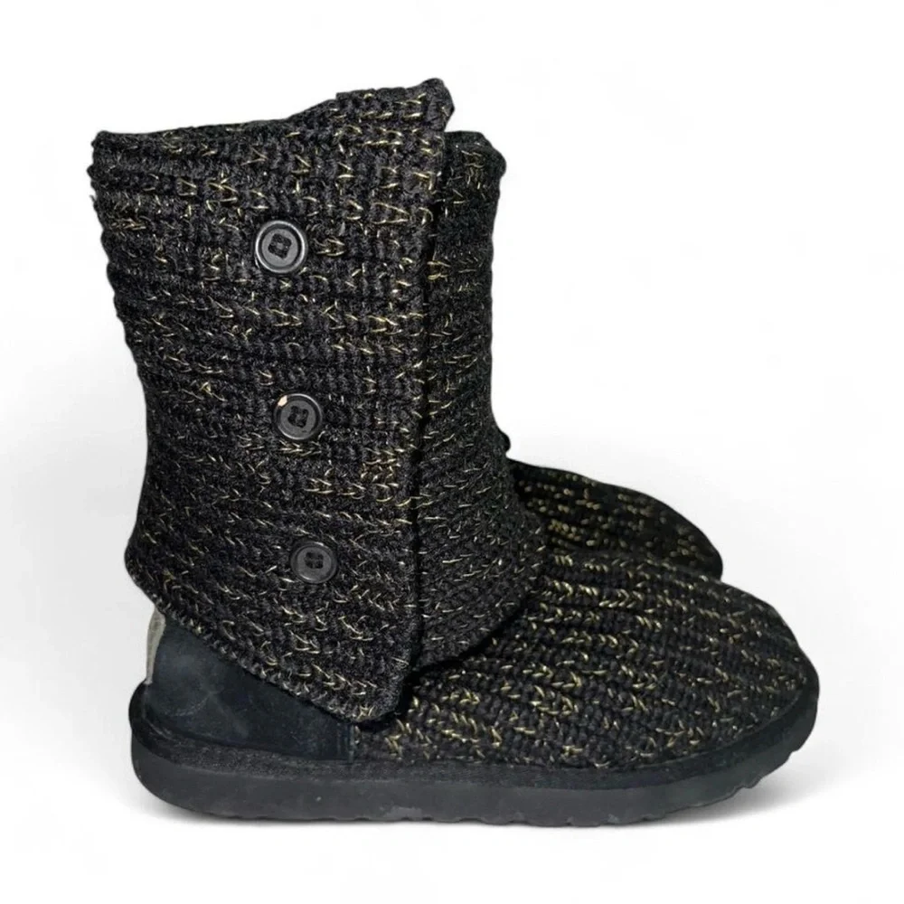 UGG Black Metallic Sweater Knit Cardy Button Boots Size 7 Fall Winter Cozy⁠